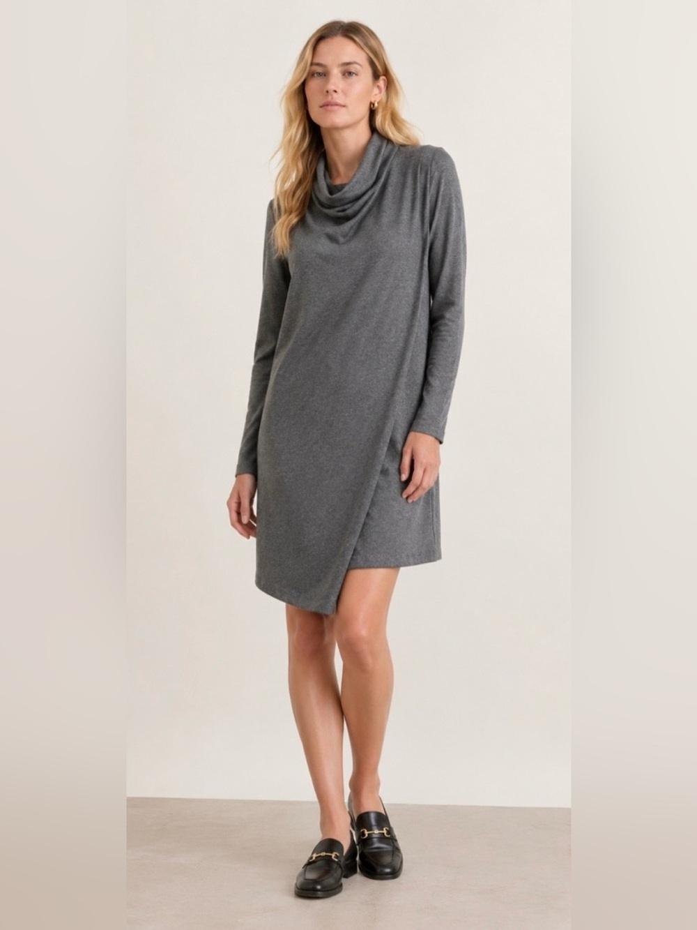 COS Gray Draped Jersey Knit Cowl Neck Asymmetrical Minimalist Lagenlook Dress